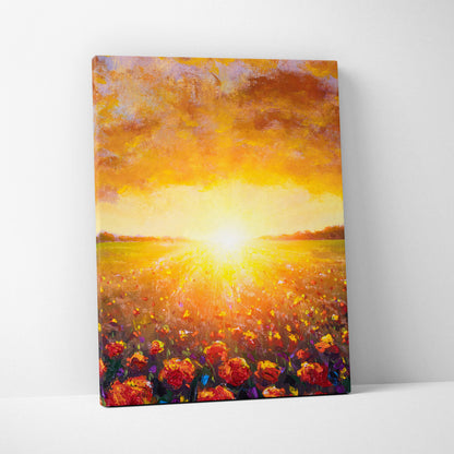 Radiant sunset flower field canvas print shows a vibrant oil painting of a golden sunset over red and orange flowers
