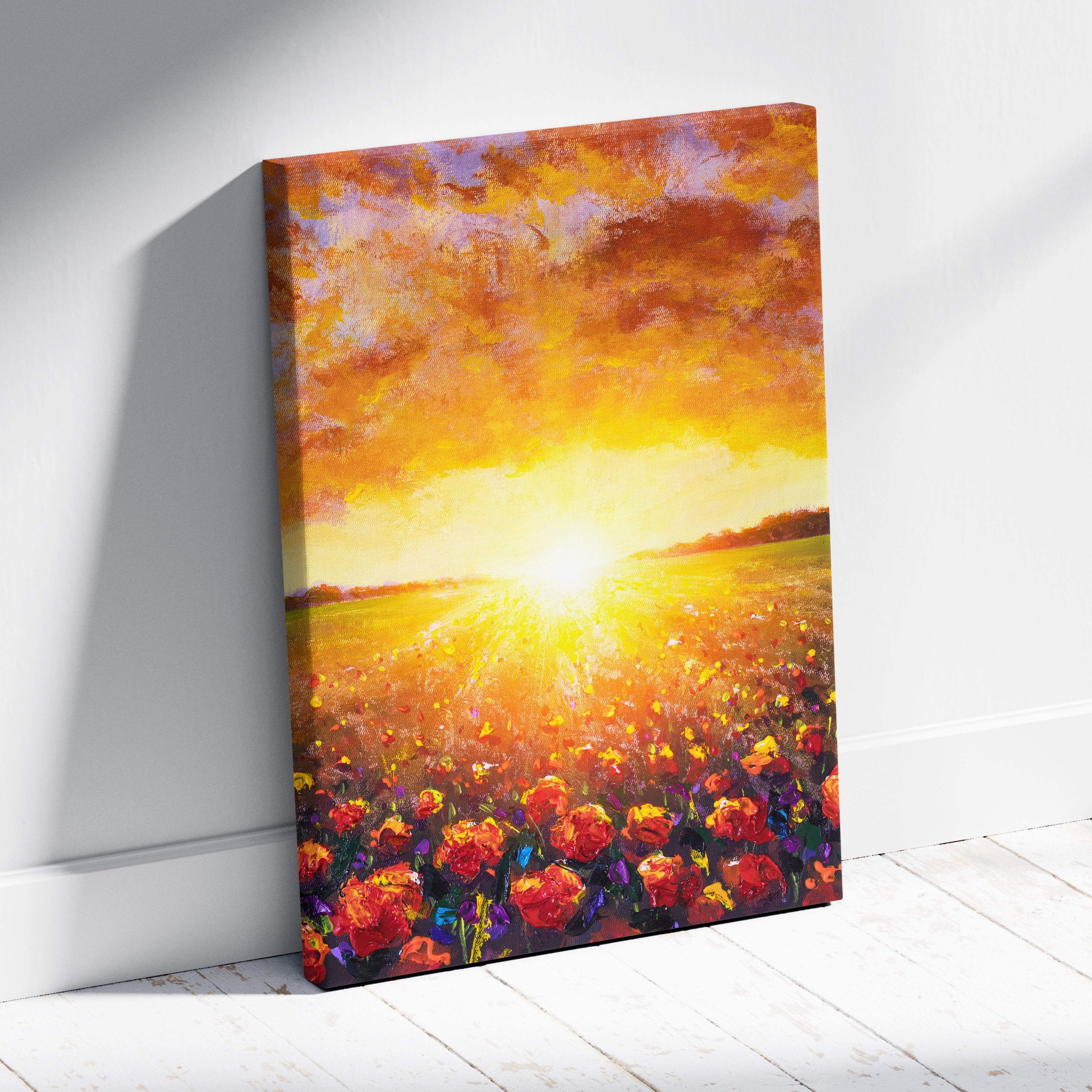 Vibrant canvas print of a sunlit field with red and orange flowers under a warm textured orange sky in oil painting style