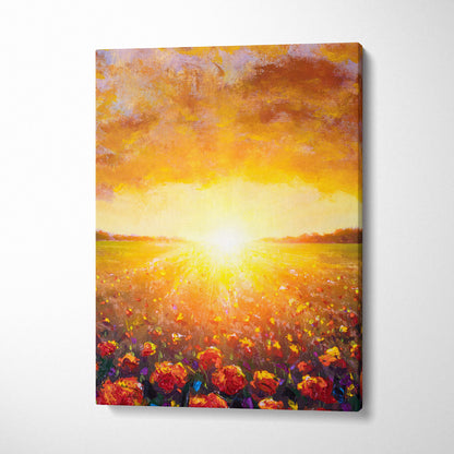 Vibrant canvas print of a sunlit field of red and orange flowers under a warm golden sky in oil painting style