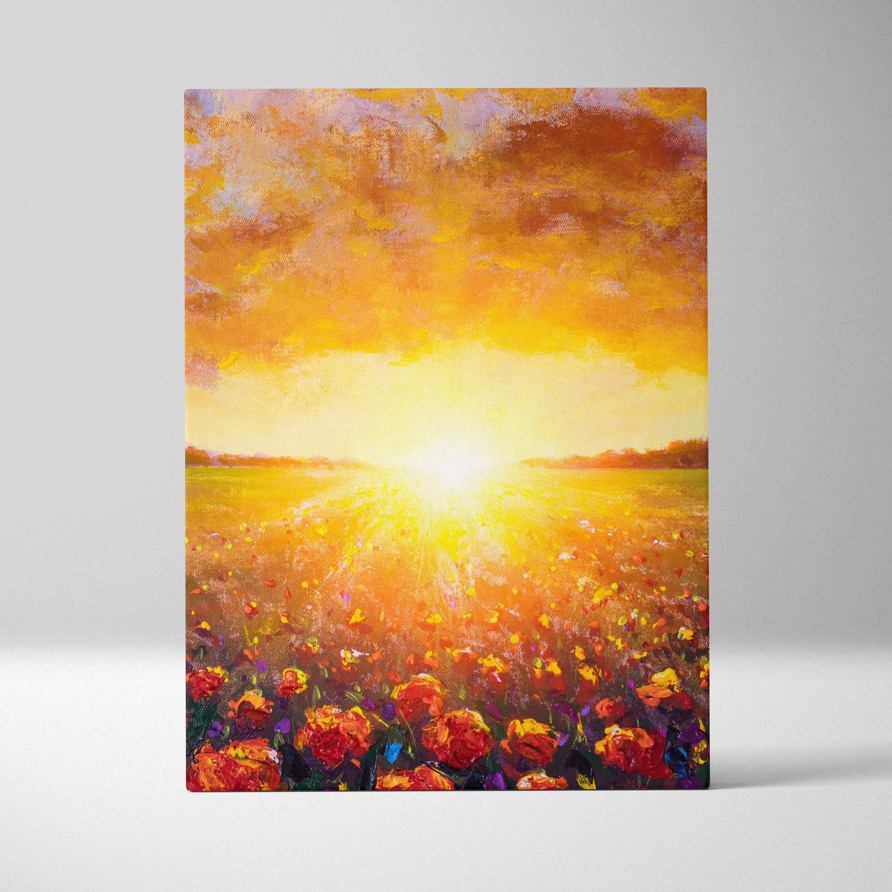 Vibrant canvas print of a golden sunset over red and orange poppies with textured brushstrokes in oil painting style
