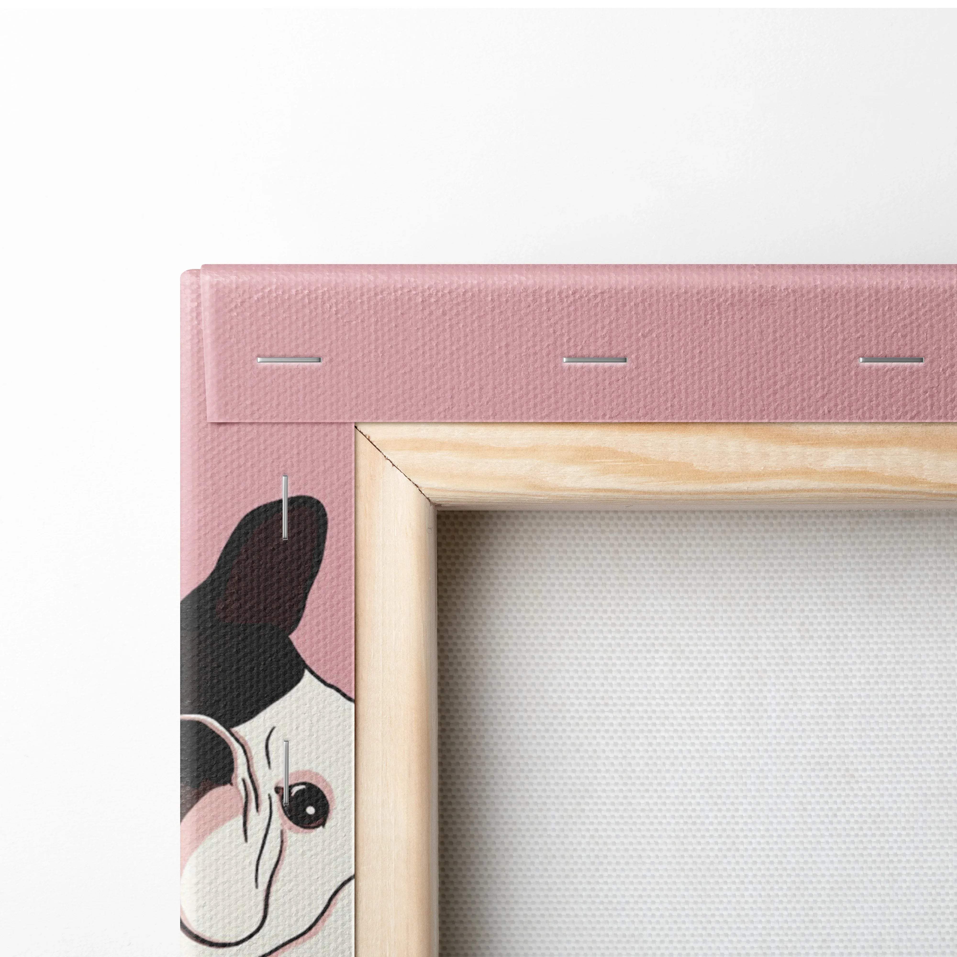 Dusty pink French bulldog canvas wall art with light wood frame and cartoon pups