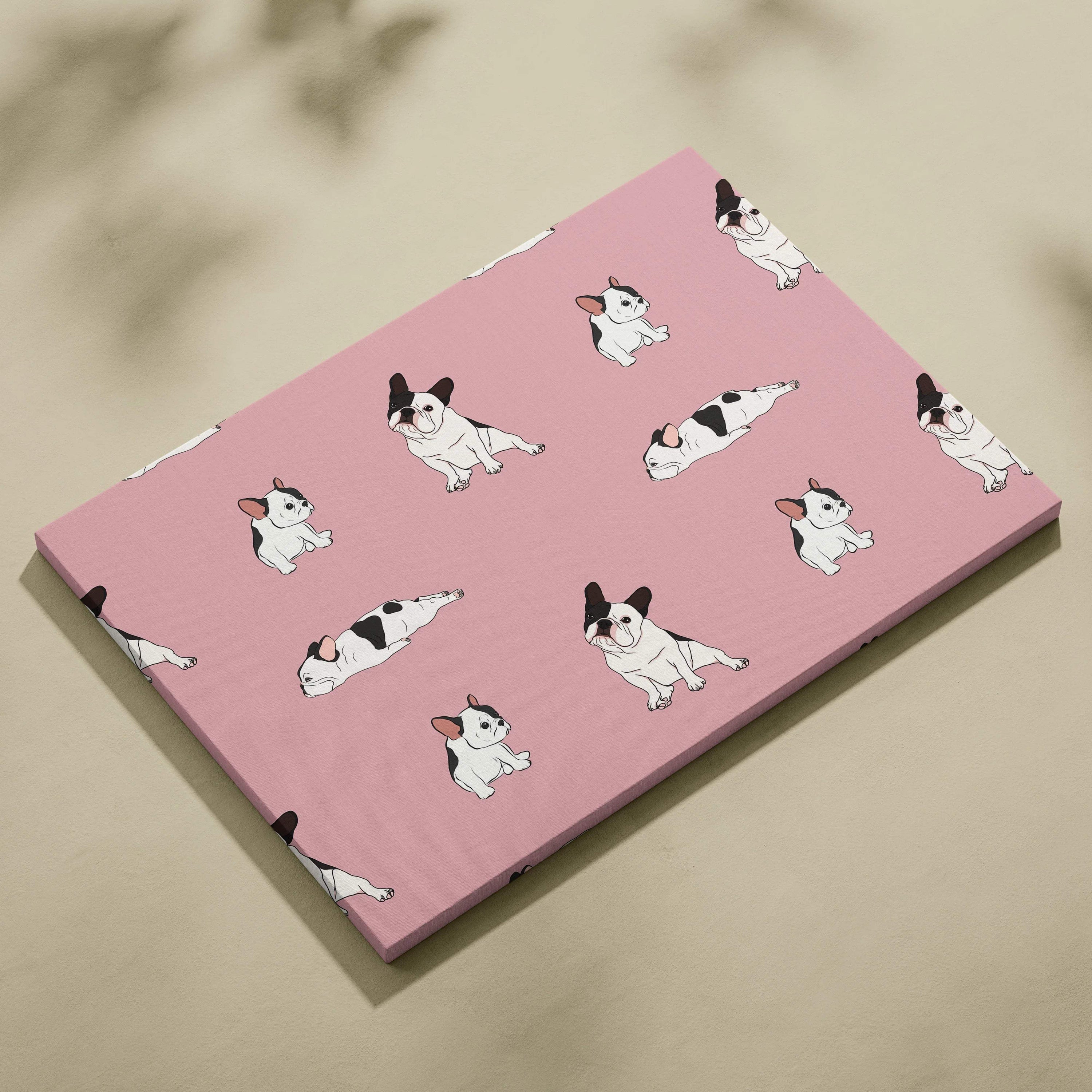 Dusty pink canvas with black and white cartoon French bulldog pattern