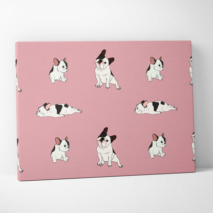 Dusty pink canvas with black and white cartoon French bulldog pattern