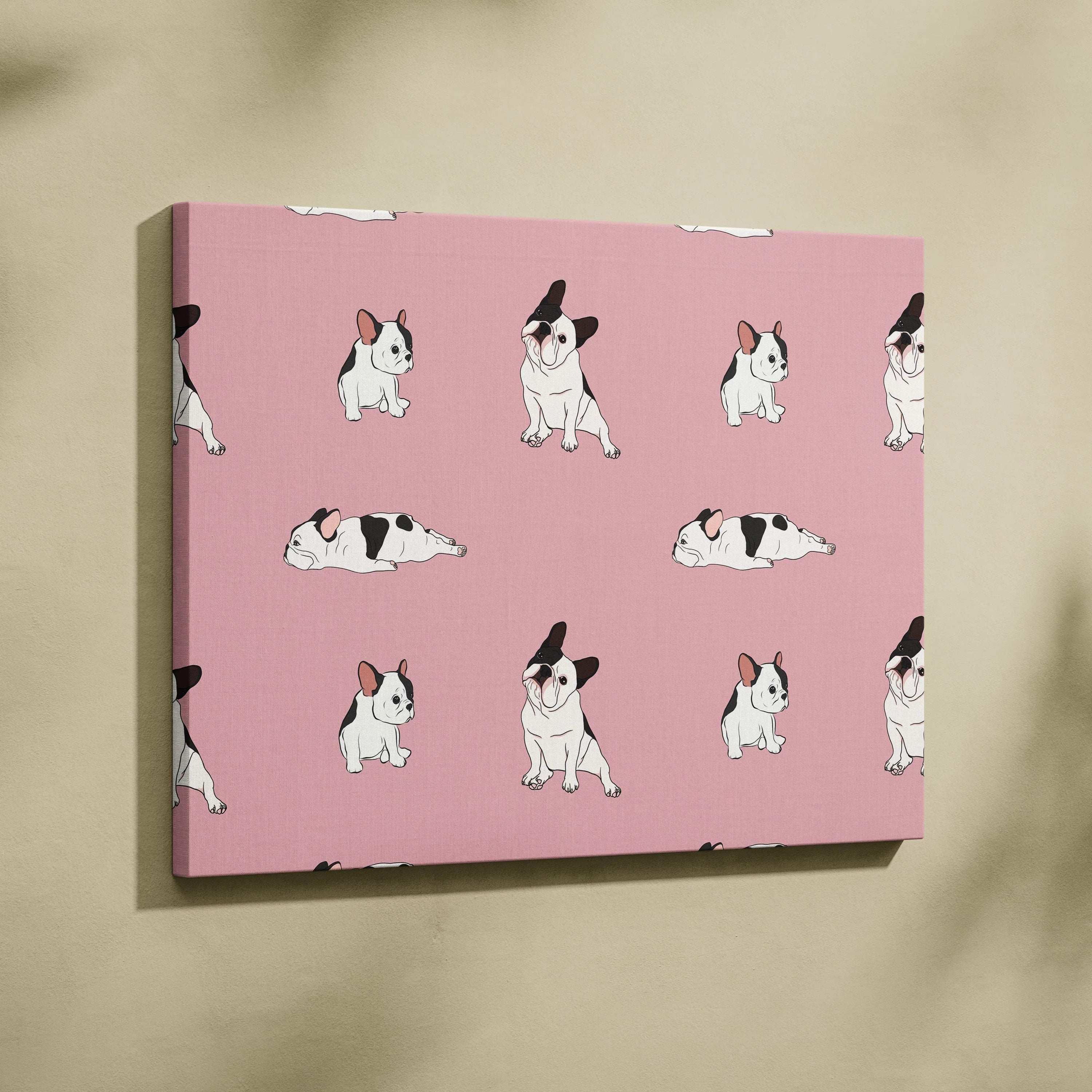 Dusty pink canvas with black and white cartoon French bulldog pattern