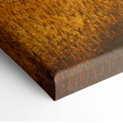 Ufo abduction scene canvas art with warm golden brown wood grain texture featuring futuristic spaceship and astronaut