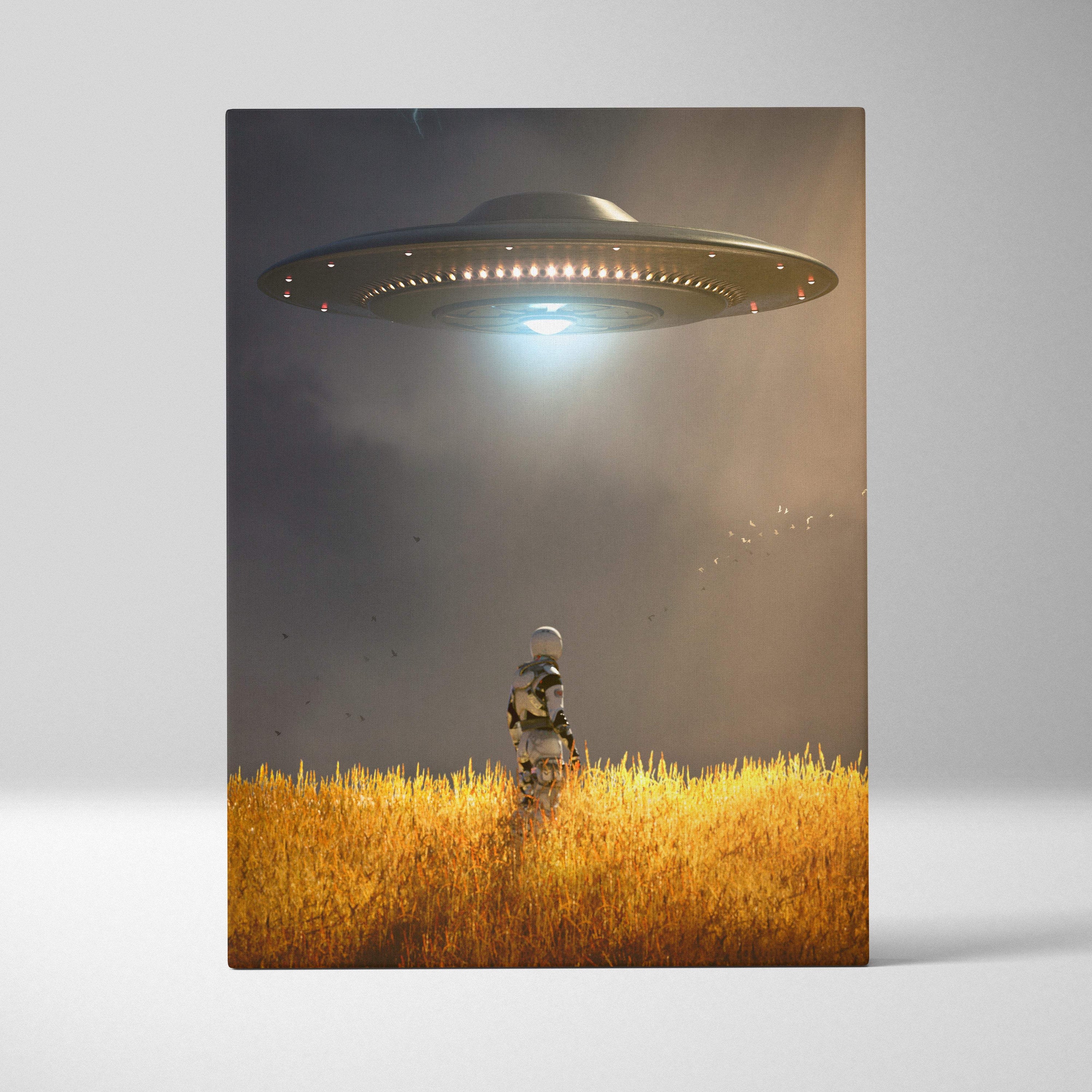 Ufo abduction scene canvas art featuring a sleek metallic gray spaceship with glowing lights over golden wheat fields