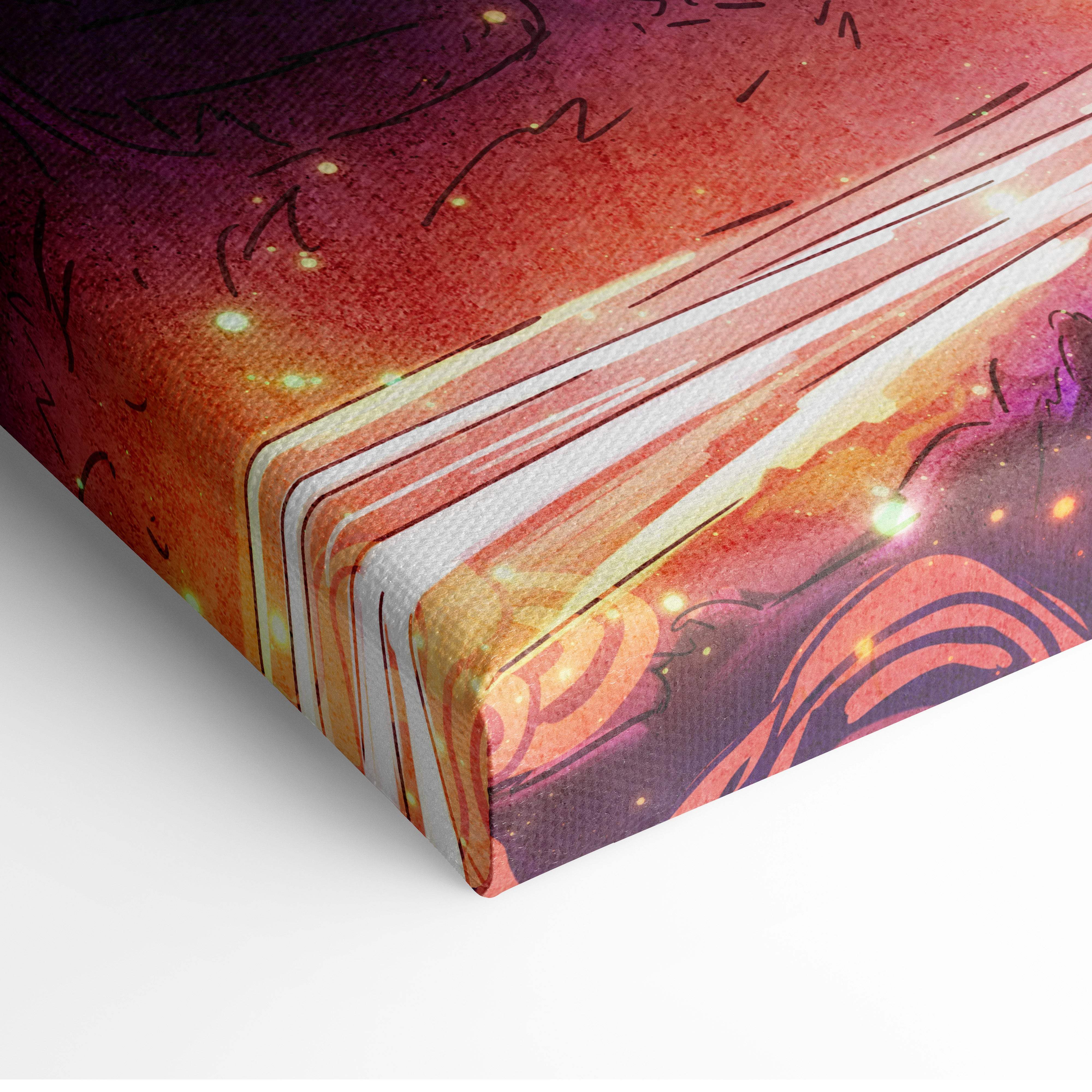 Vibrant textured canvas print of an open book with glowing orange and purple pages on a cosmic background