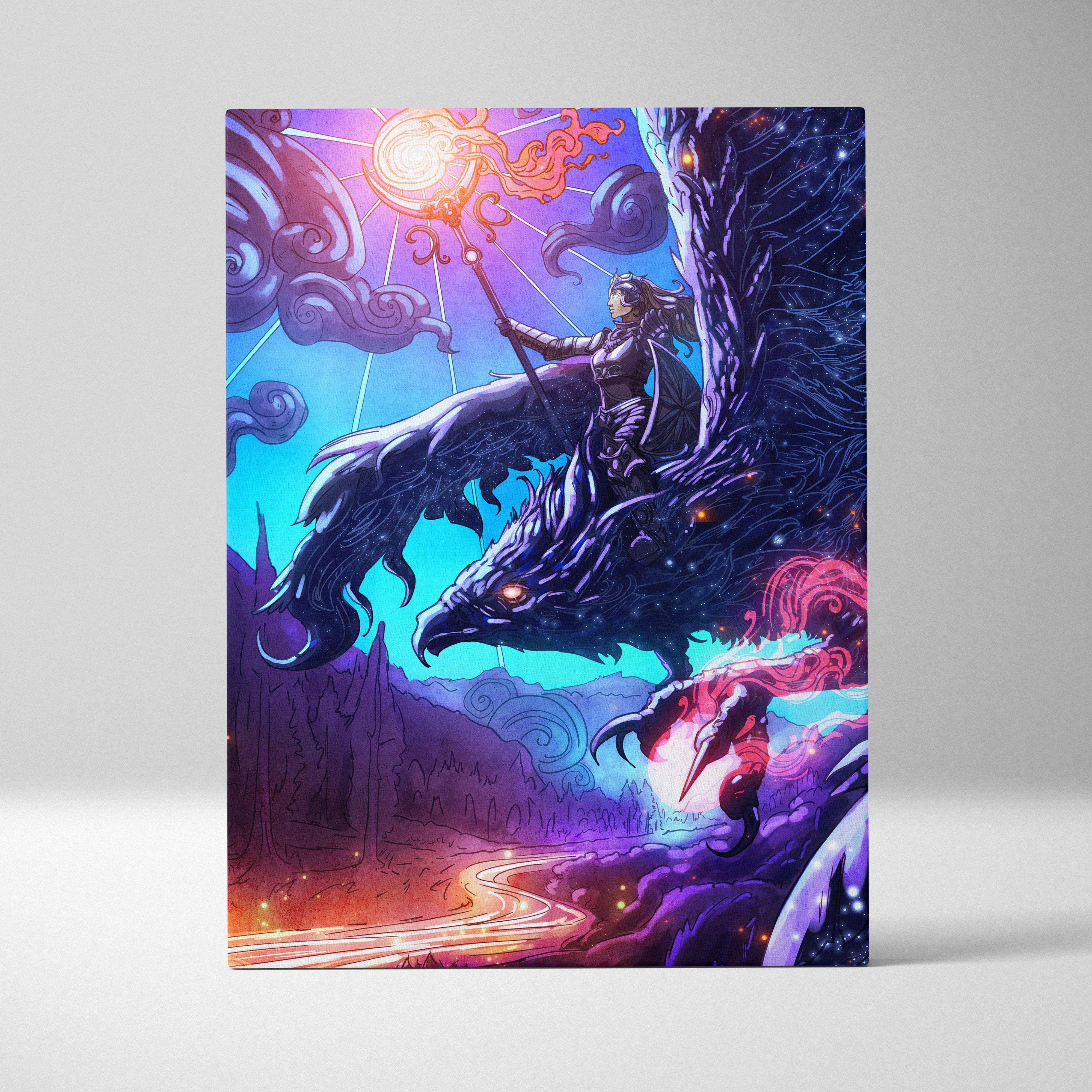 Celestial griffin rider canvas art featuring a warrior on a dark winged creature against a neon purple blue sky