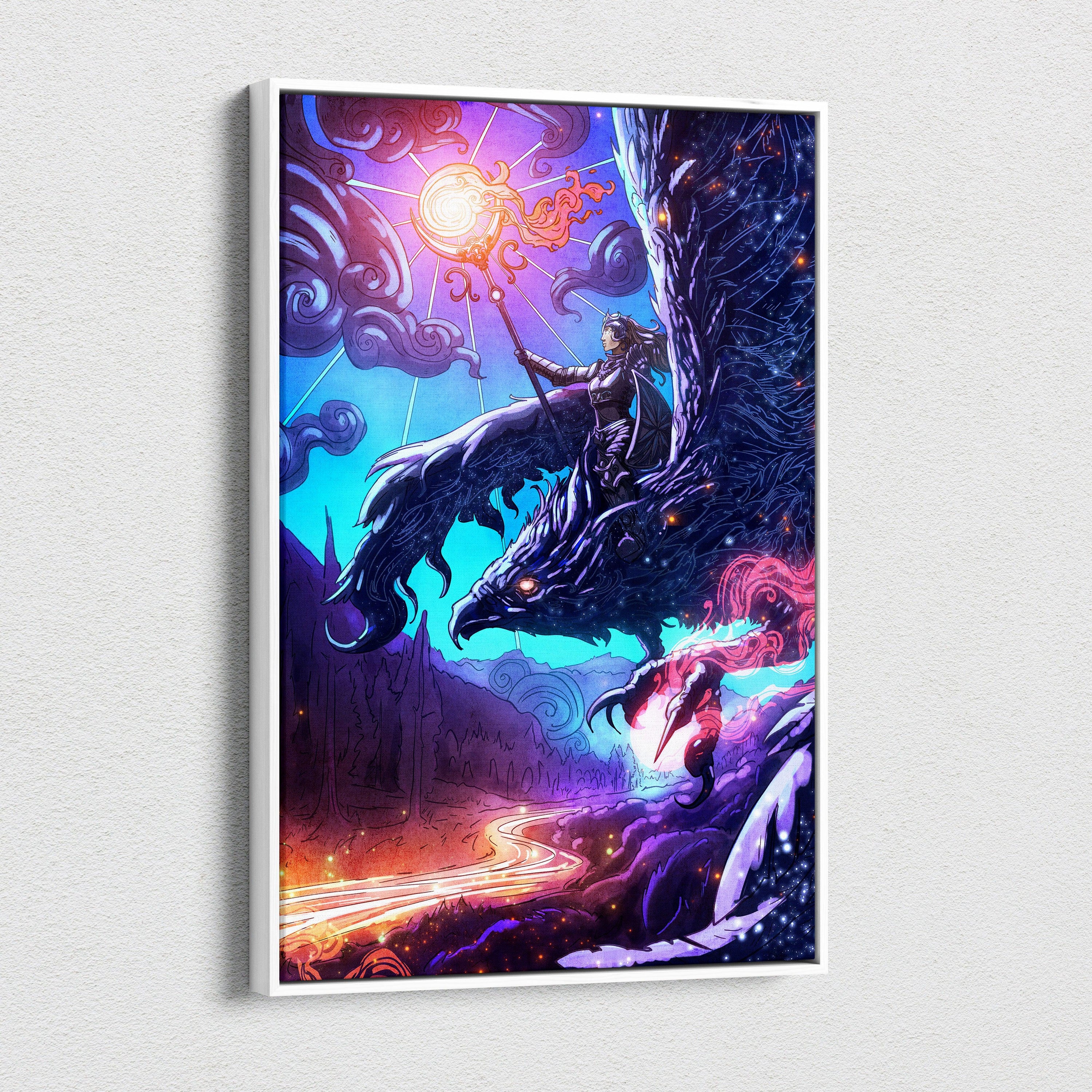 Celestial Griffin Rider Canvas Art – Mythical Winged Beast with Warrior, Vibrant Cosmic Fantasy Illustration, Neon Purple Blue Sky, Epic Magical Wall Decor