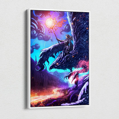 Celestial Griffin Rider Canvas Art – Mythical Winged Beast with Warrior, Vibrant Cosmic Fantasy Illustration, Neon Purple Blue Sky, Epic Magical Wall Decor
