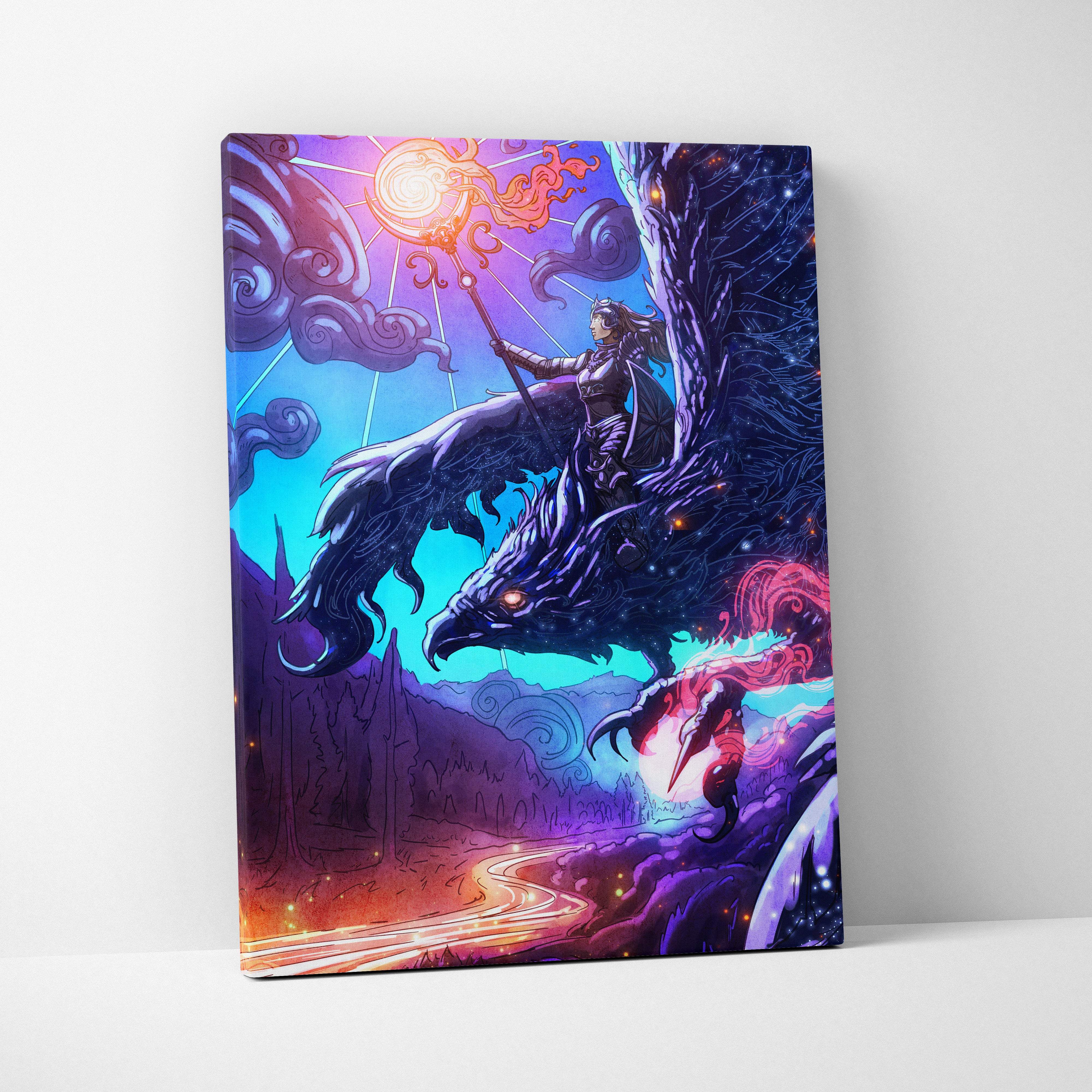 Vibrant celestial griffin rider canvas art featuring a warrior on a dark winged creature with neon purple blue cosmic sky