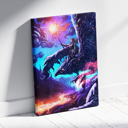 Celestial Griffin Rider Canvas Art – Mythical Winged Beast with Warrior, Vibrant Cosmic Fantasy Illustration, Neon Purple Blue Sky, Epic Magical Wall Decor