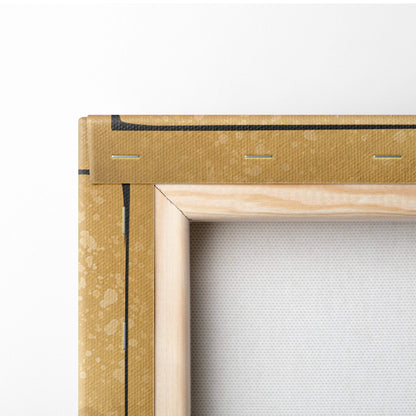 Gold-toned white cherry blossom torii gate canvas wall art with wooden edge and black stitching for zen decor