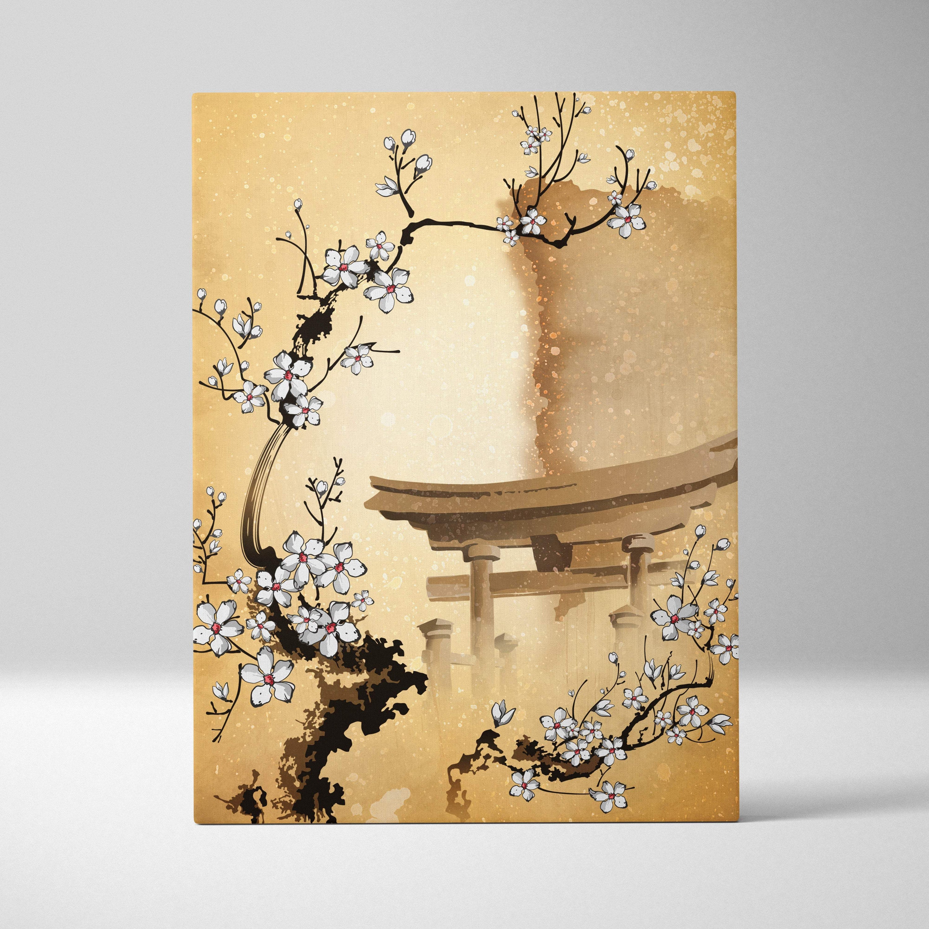 White cherry blossom torii gate canvas wall art with gold japanese ink style on warm golden-brown background