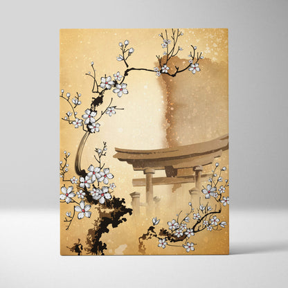 White cherry blossom torii gate canvas wall art with gold japanese ink style on warm golden-brown background