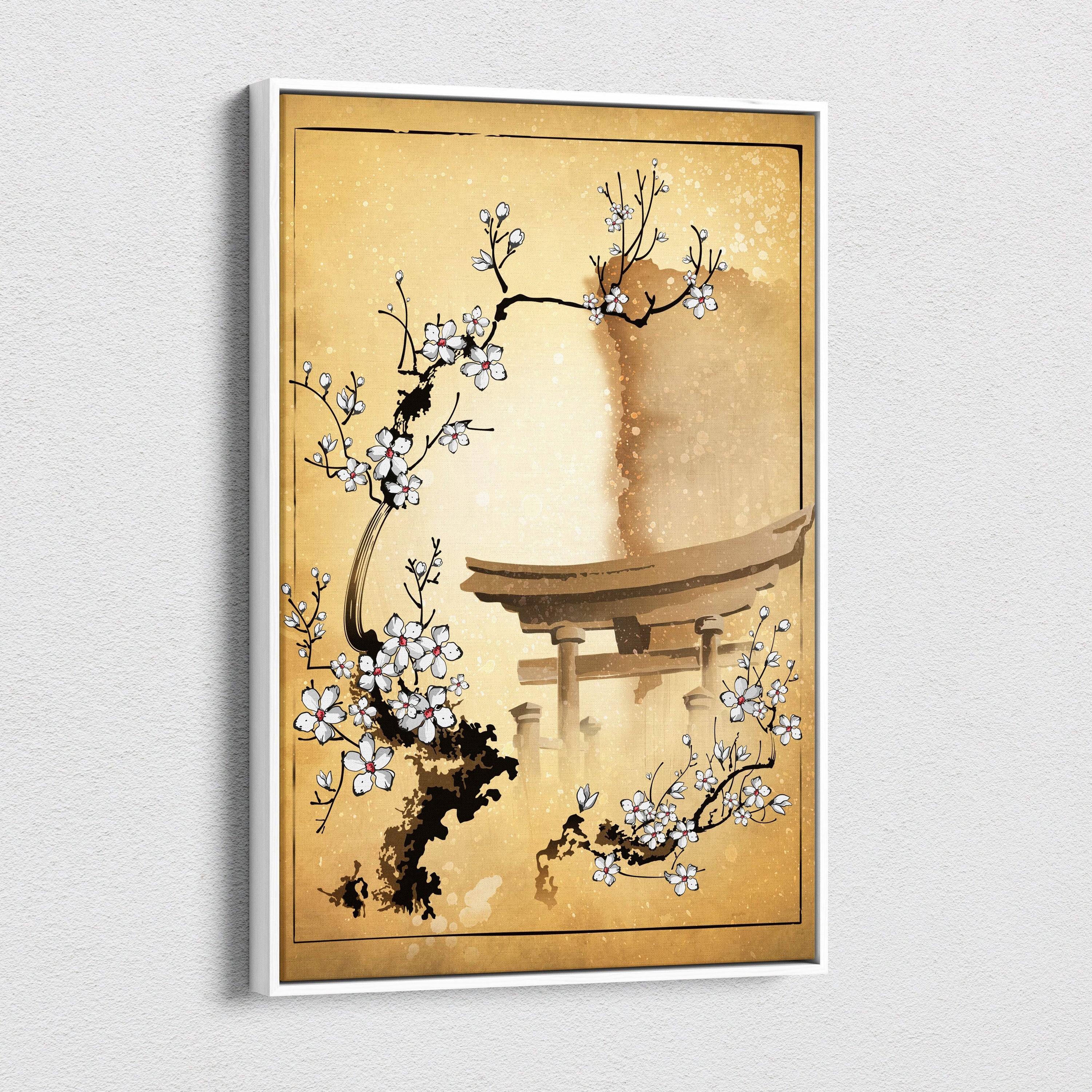 A framed white cherry blossom torii gate canvas wall art in gold japanese ink style on textured paper for zen decor
