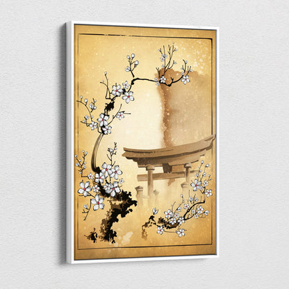 A framed white cherry blossom torii gate canvas wall art in gold japanese ink style on textured paper for zen decor