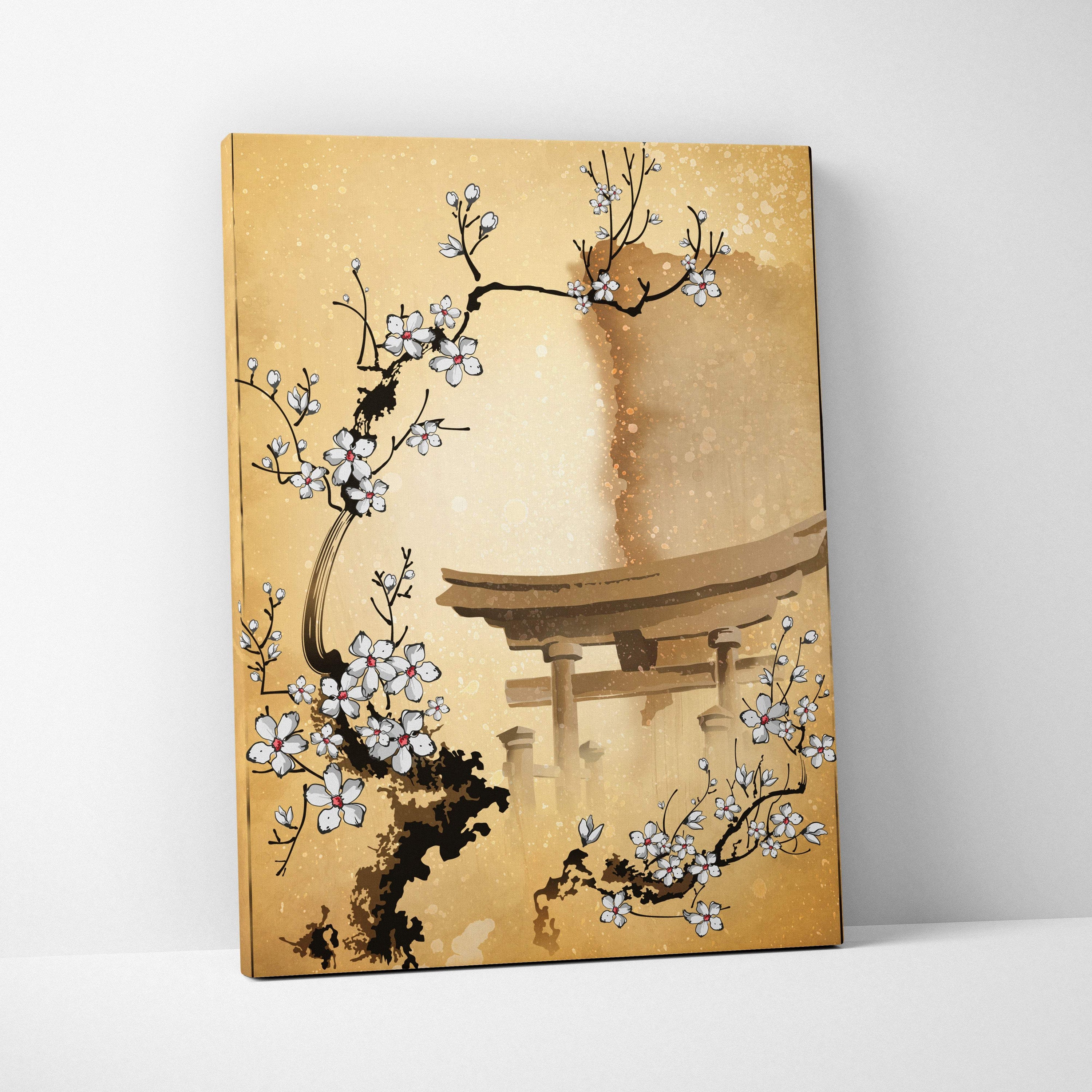 A framed canvas print of white cherry blossoms and a gold japanese torii gate in black and beige tones for wall art