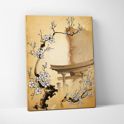 A framed canvas print of white cherry blossoms and a gold japanese torii gate in black and beige tones for wall art