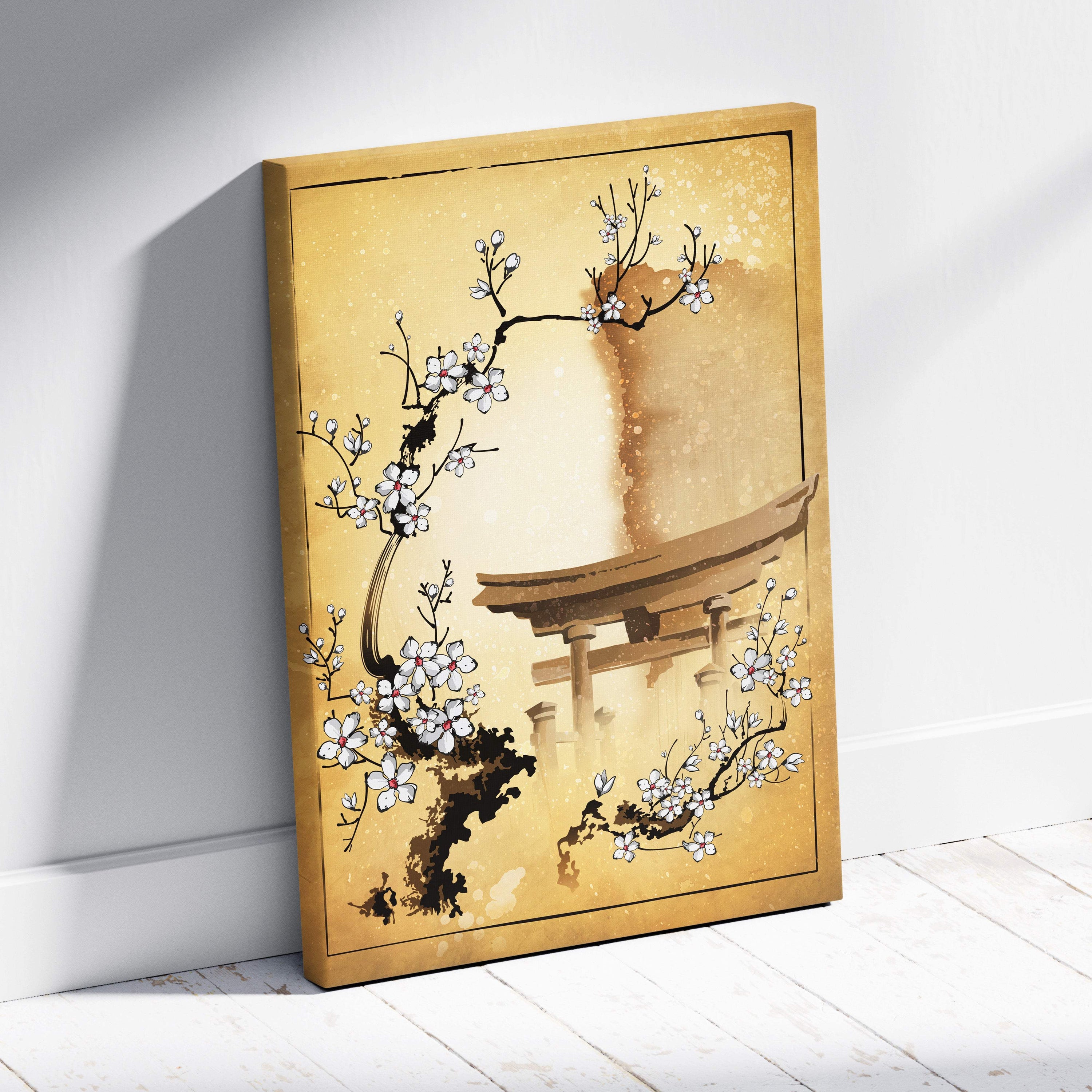 Golden-framed canvas print of white cherry blossom branch over japanese torii gate in soft watercolor tones for zen decor