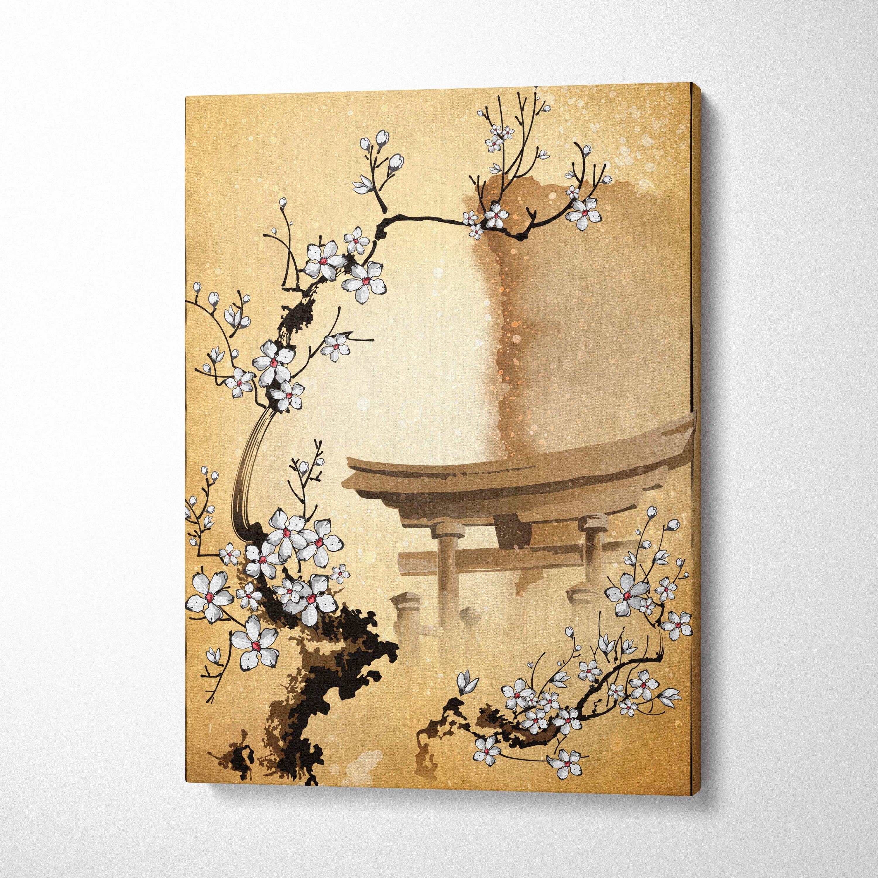 A framed white cherry blossom torii gate canvas print with gold Japanese ink painting style for peaceful zen decor