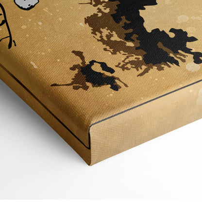 Gold-colored canvas print featuring abstract black and brown ink splatter in Asian ink painting style wall art
