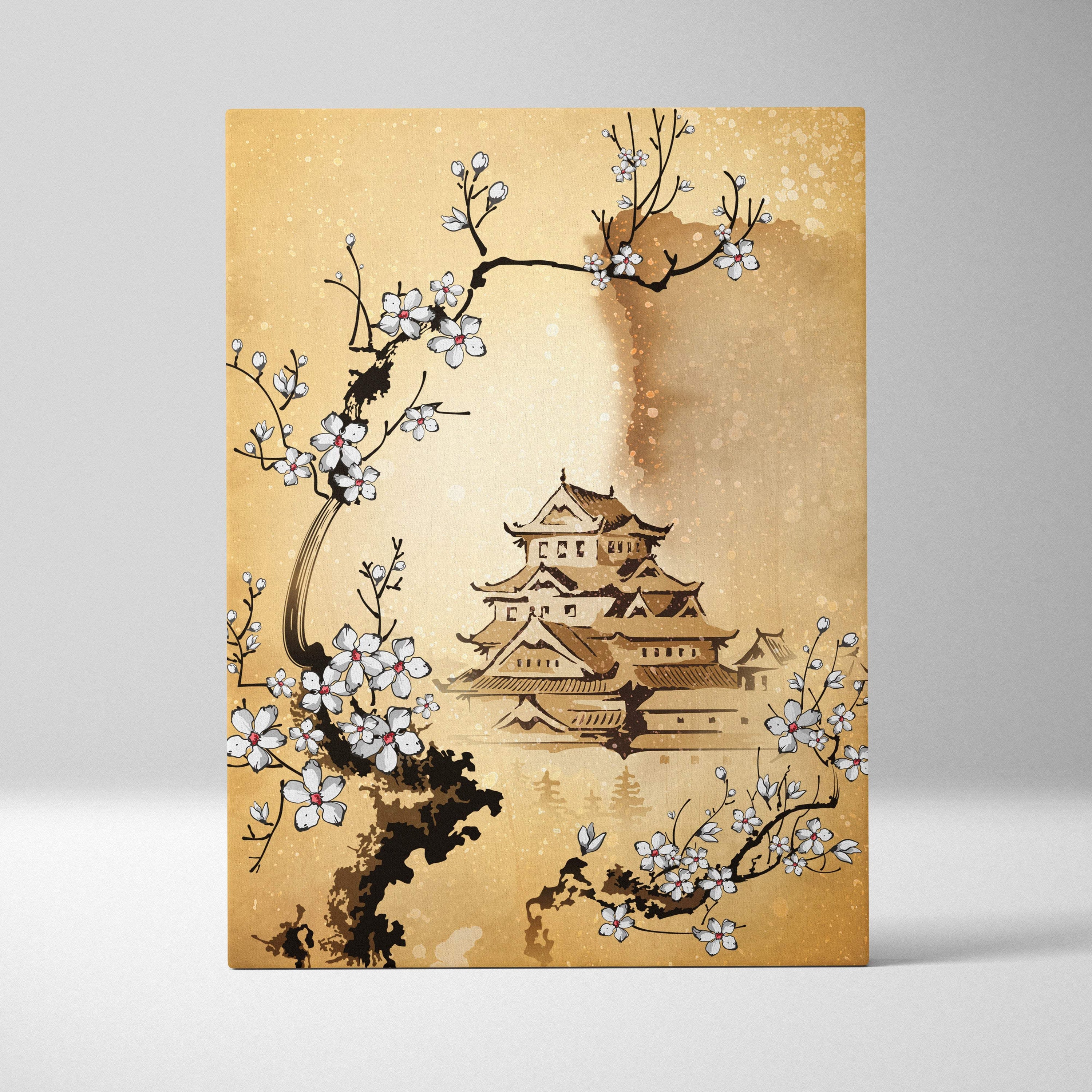 A rectangular canvas print featuring a white cherry blossom japanese castle in gold asian ink style on sepia background