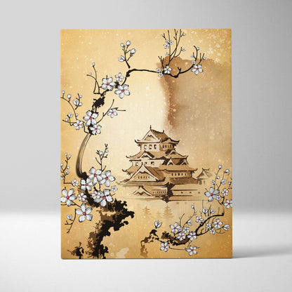 A rectangular canvas print featuring a white cherry blossom japanese castle in gold asian ink style on sepia background