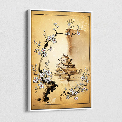 A framed canvas wall art featuring a traditional japanese castle with white cherry blossoms on a gold background