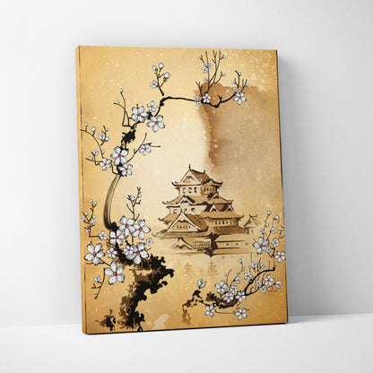 Gold-toned canvas print of a traditional japanese castle with white cherry blossoms for living room decor