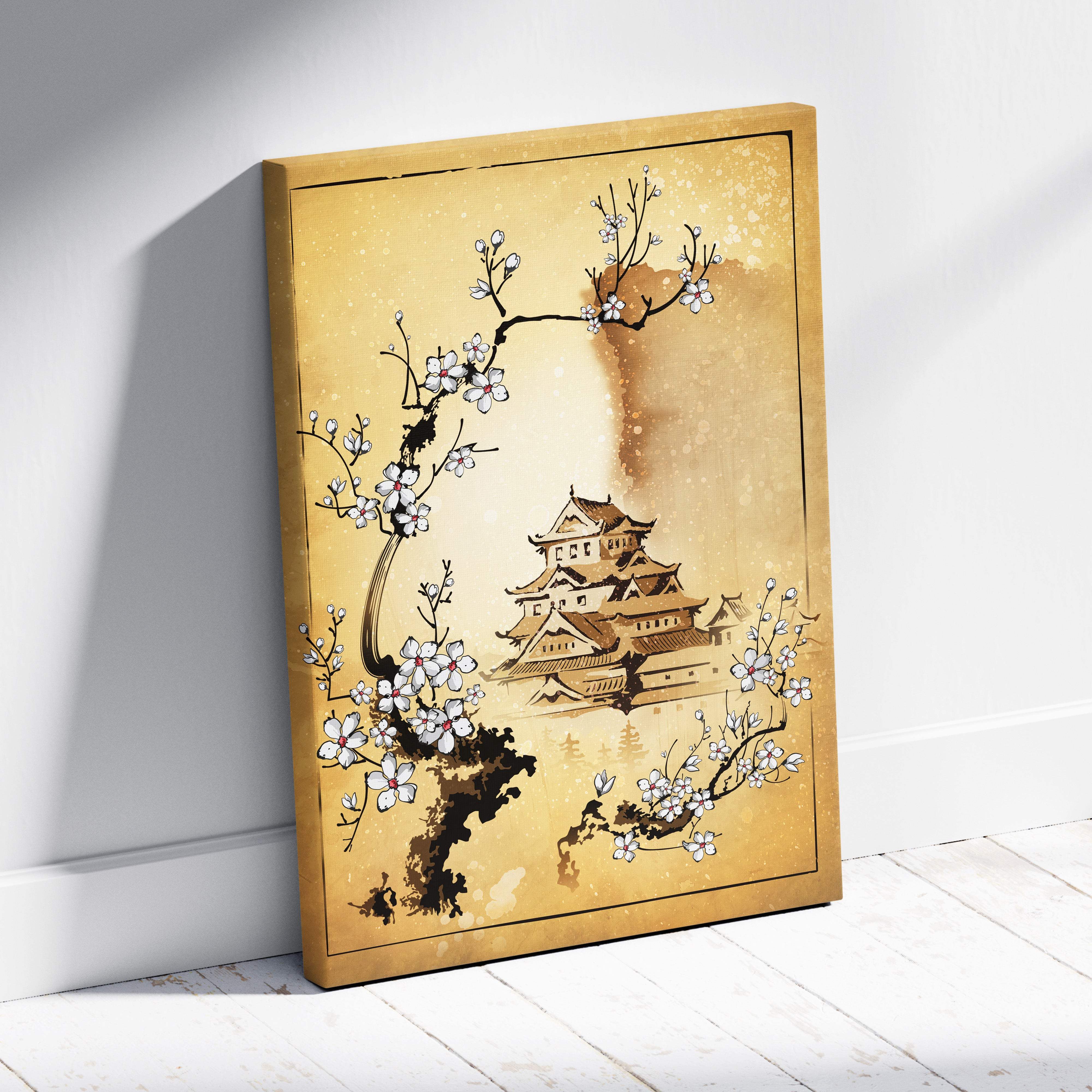 Golden-framed canvas print of a white cherry blossom japanese castle ink painting for peaceful living room decor