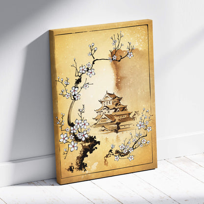 Golden-framed canvas print of a white cherry blossom japanese castle ink painting for peaceful living room decor