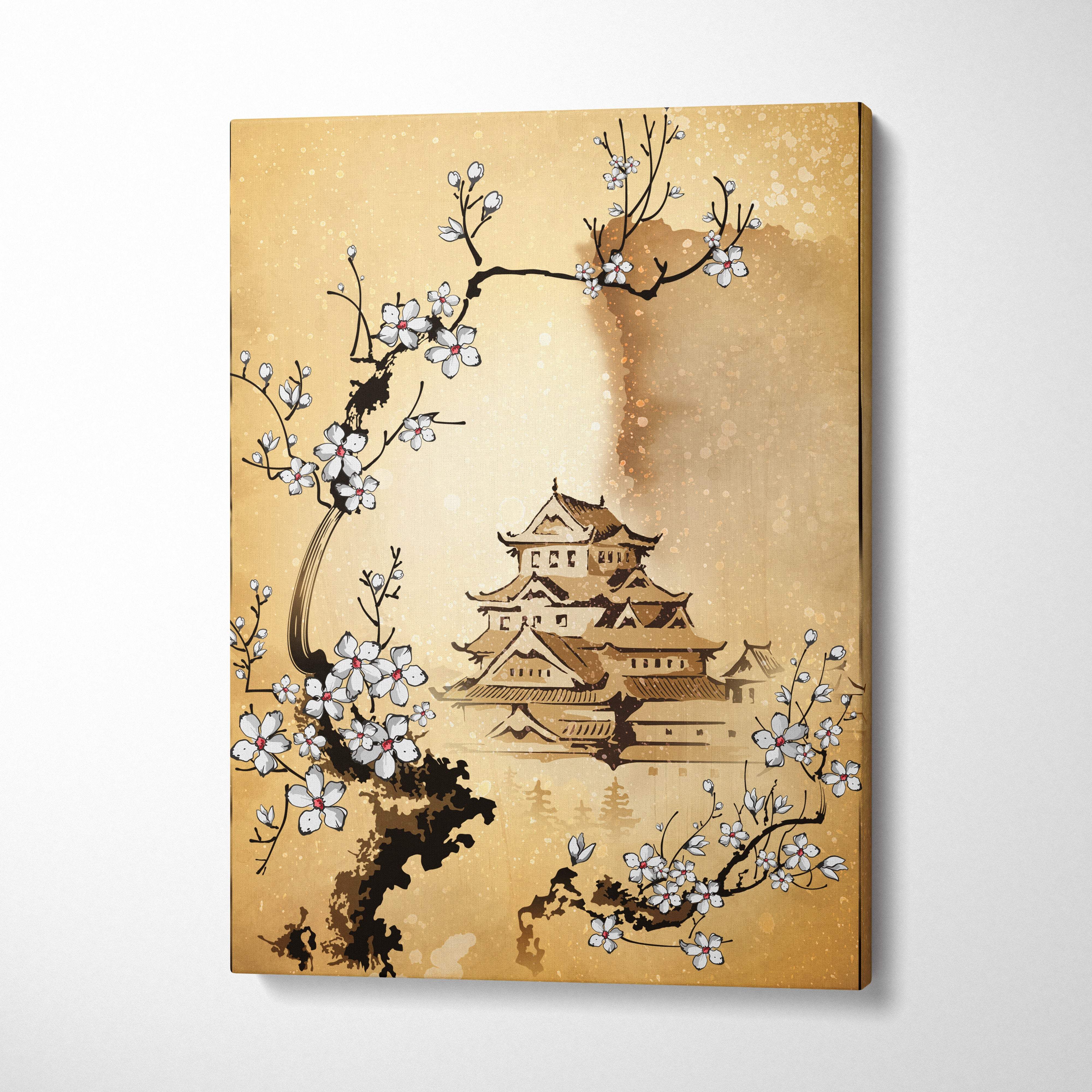Beige canvas wall art featuring a traditional japanese castle with white cherry blossoms in gold asian ink style