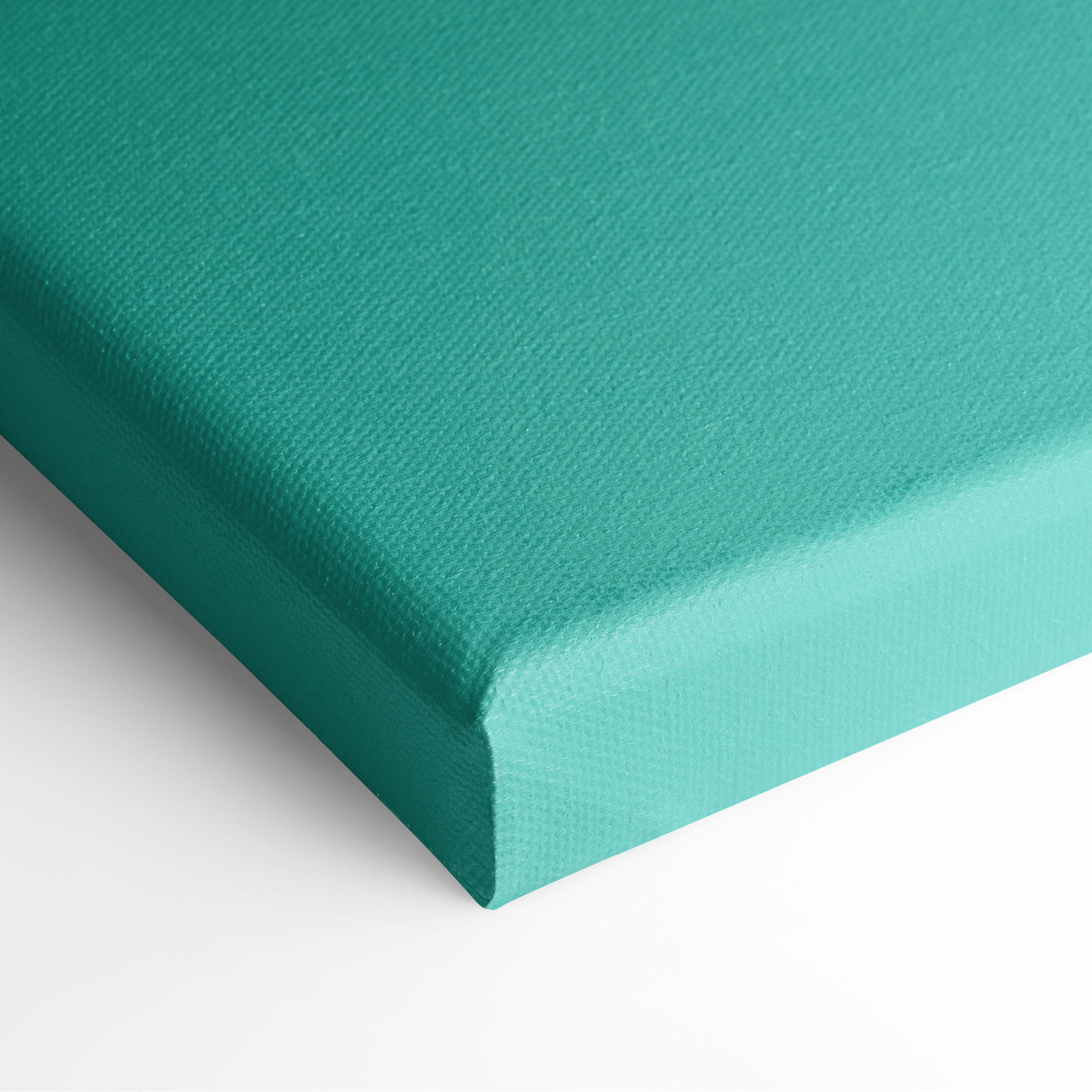 Contemporary hands touch canvas wall art in teal with textured woven surface and slightly raised edges for modern decor