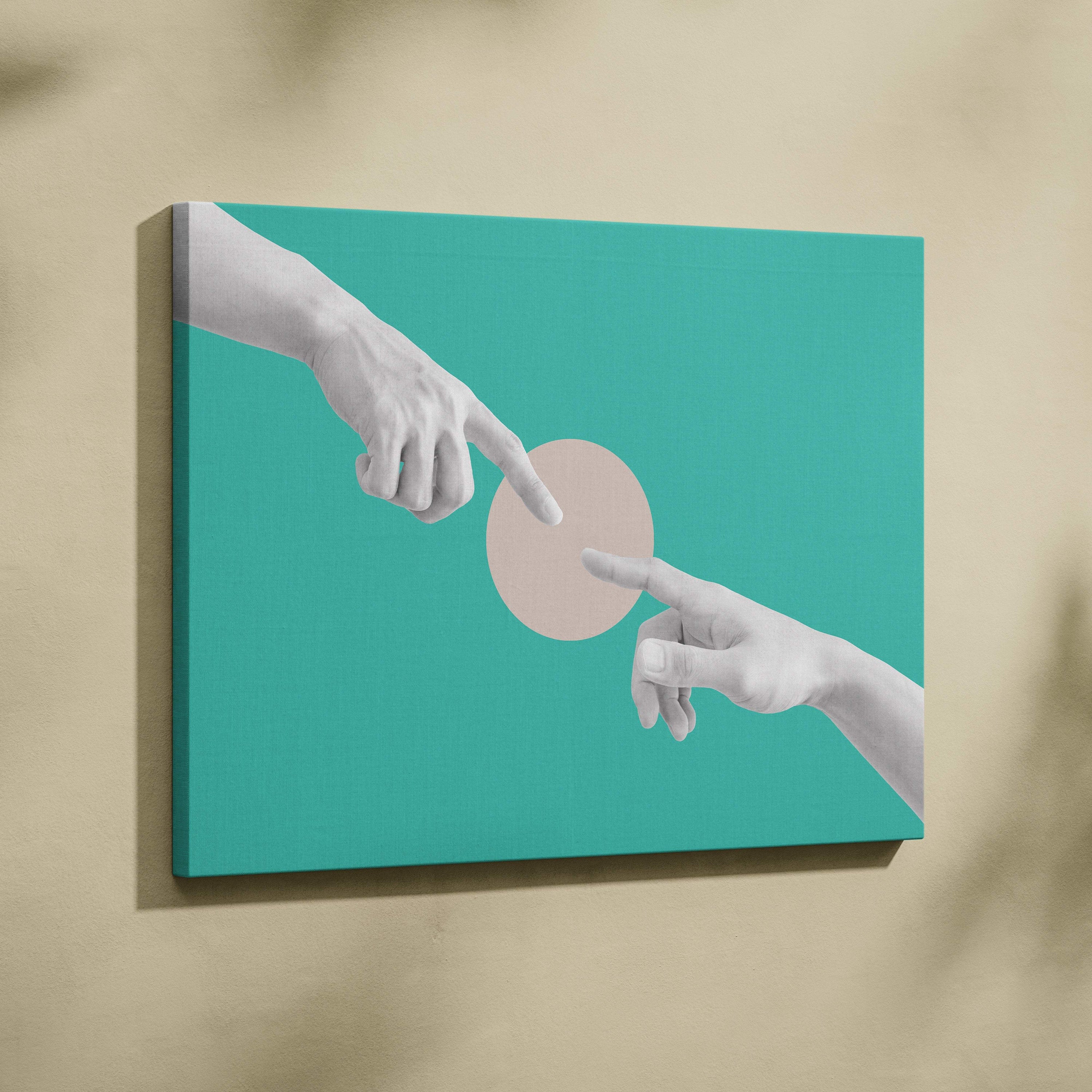 Teal canvas print featuring minimalist monochrome hands reaching over a beige circle in modern abstract wall art