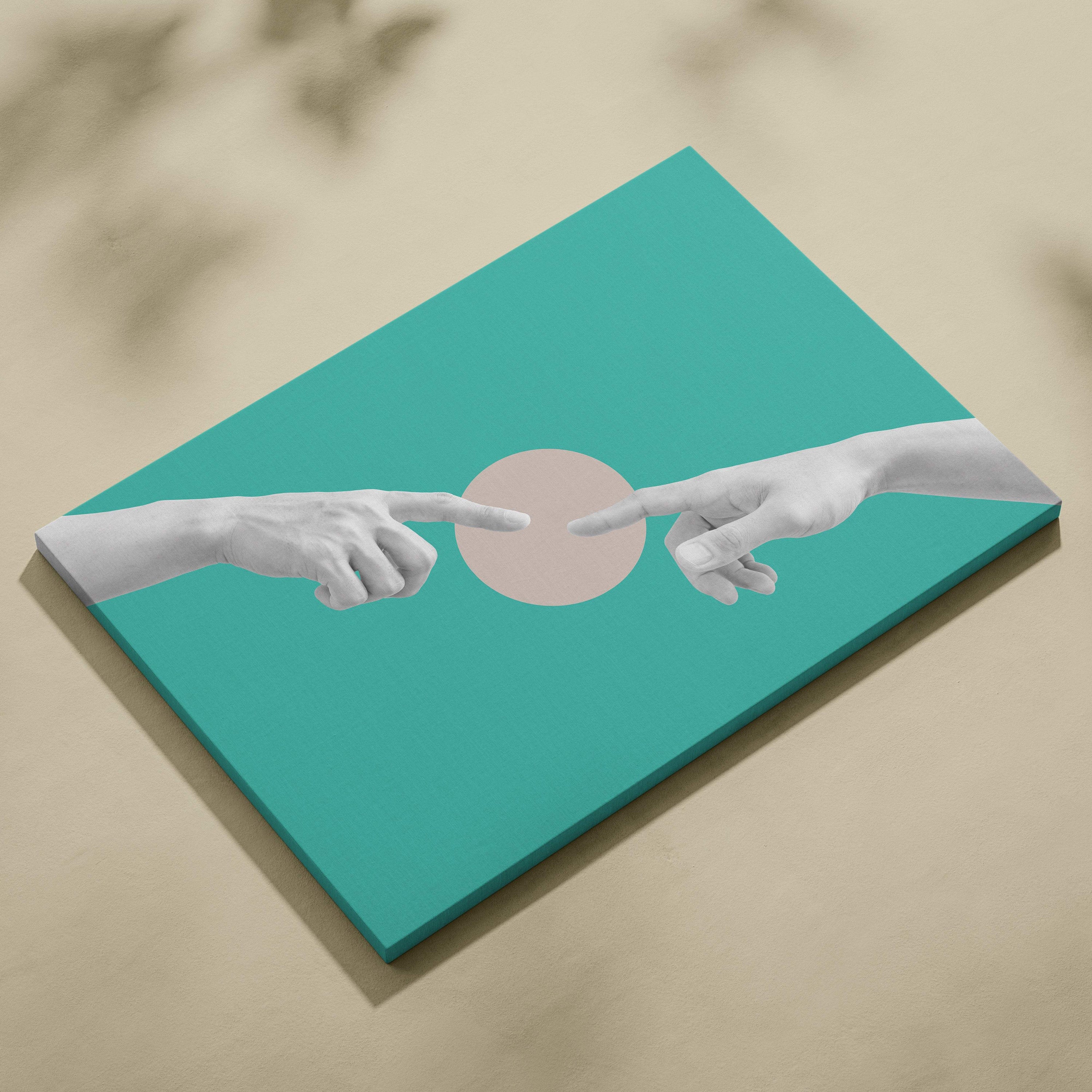 Contemporary teal canvas print with two white hands reaching over a beige circle modern abstract wall art
