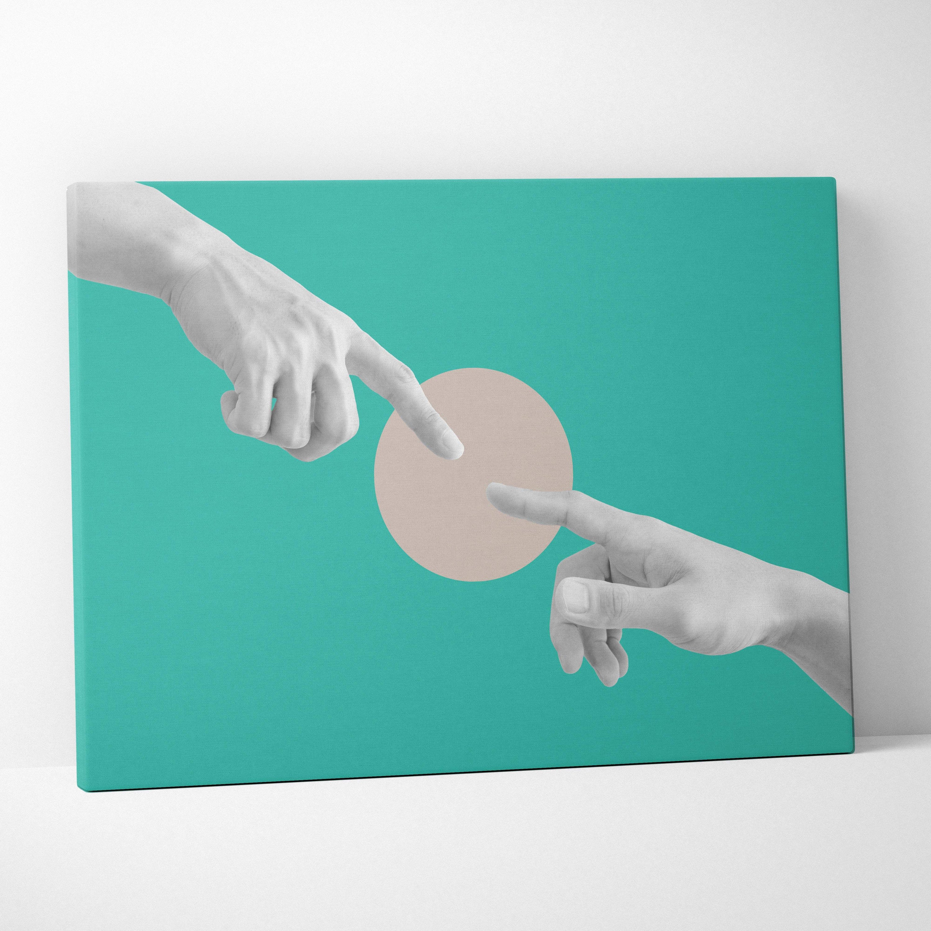 Contemporary hands touch canvas wall art with a teal background and grayscale hands over a neutral beige circle
