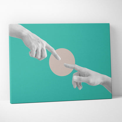 Contemporary hands touch canvas wall art with a teal background and grayscale hands over a neutral beige circle