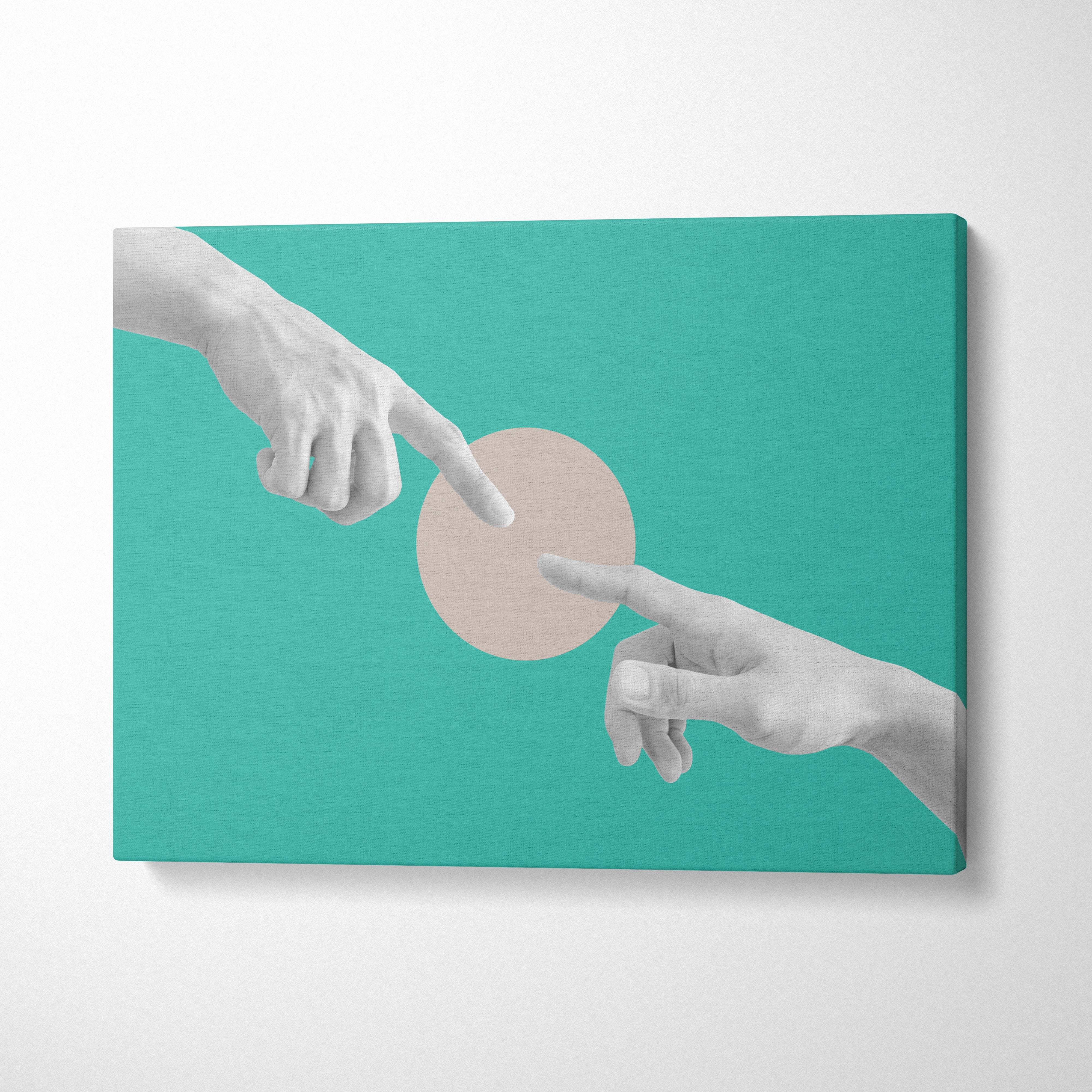 Teal canvas print featuring minimalist monochrome hands reaching across a beige circle in modern abstract decor