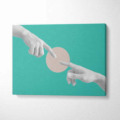 Teal canvas print featuring minimalist monochrome hands reaching across a beige circle in modern abstract decor