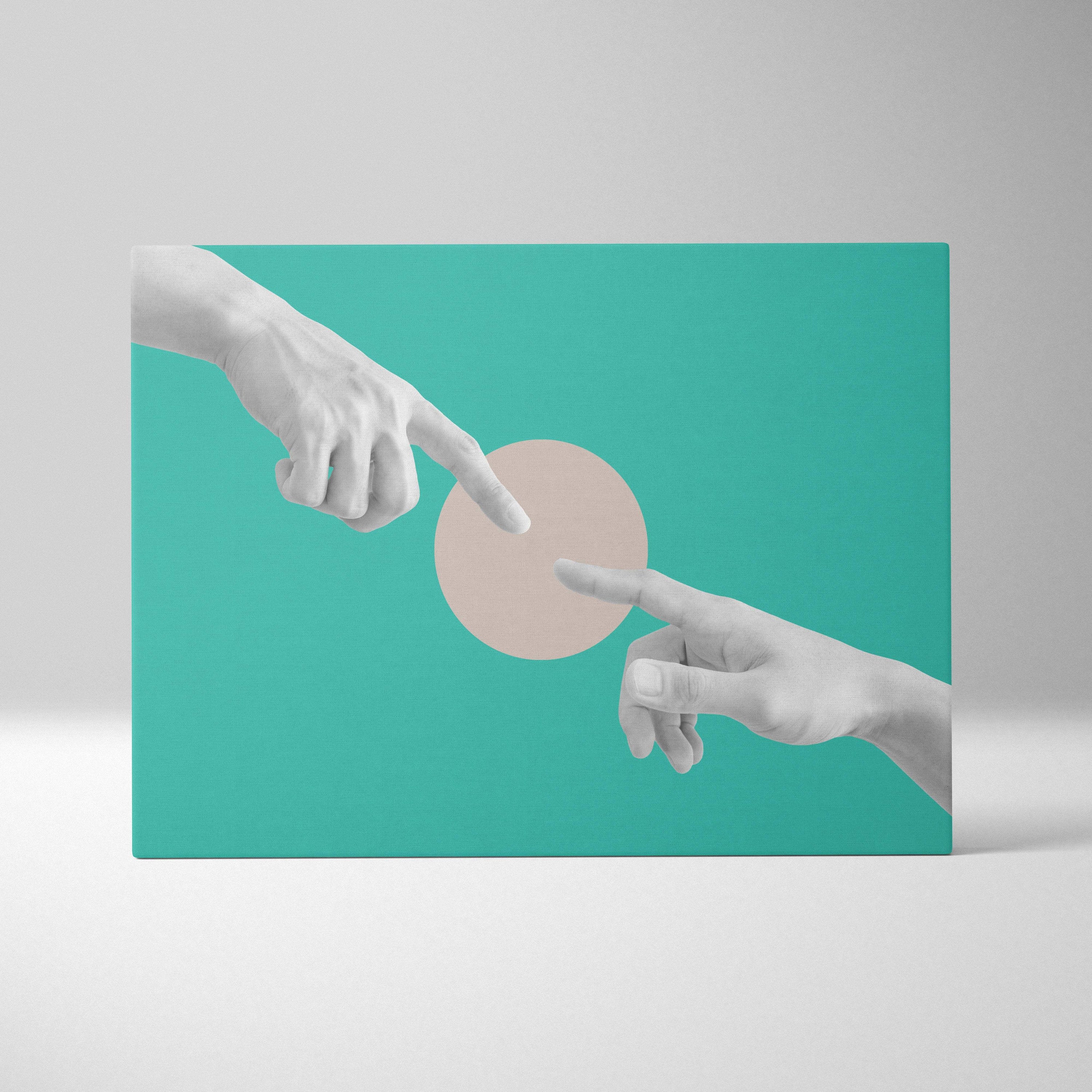 Contemporary teal canvas print with grayscale hands reaching over beige circle for modern abstract wall art decor
