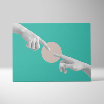 Contemporary teal canvas print with grayscale hands reaching over beige circle for modern abstract wall art decor
