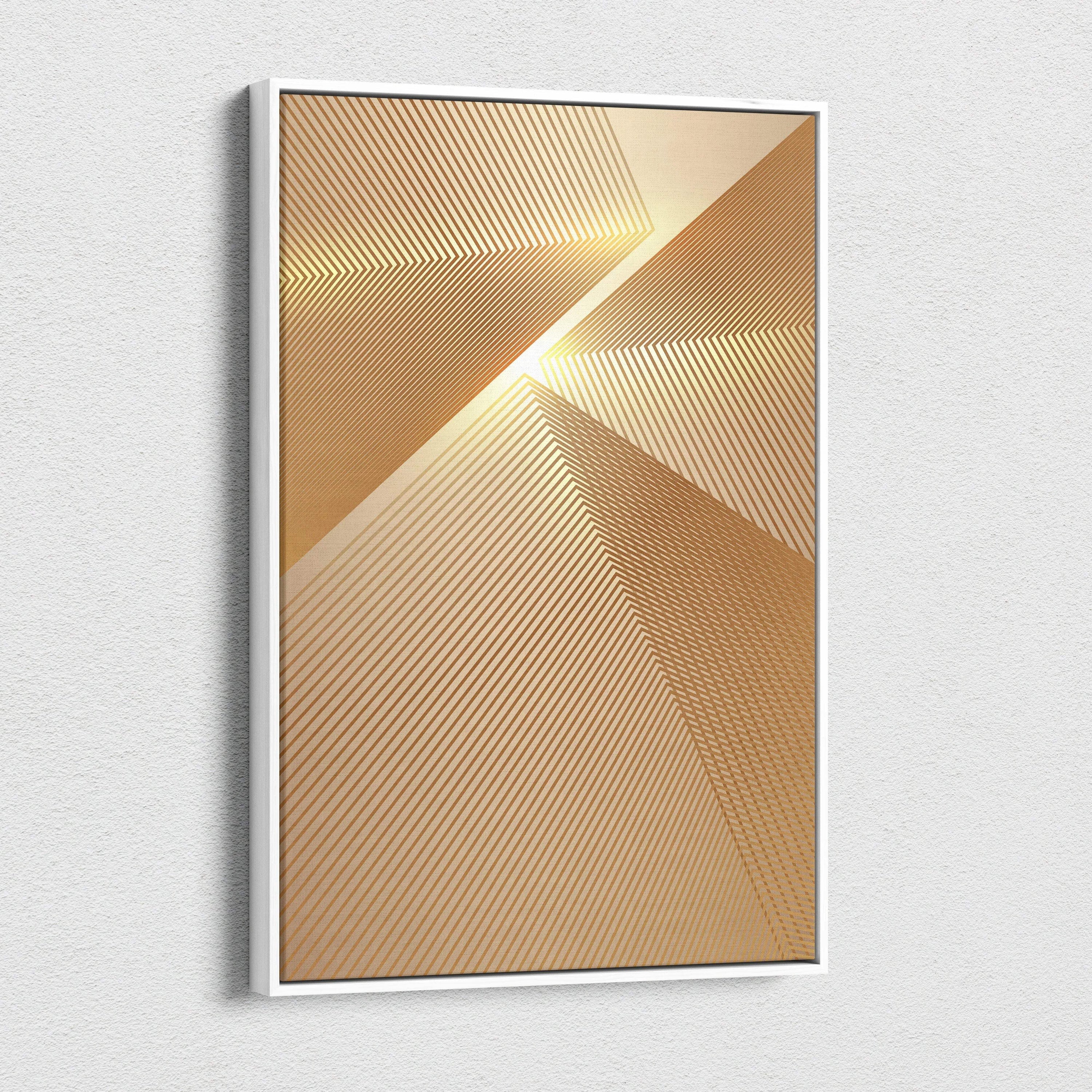 Modern geometric gold abstract canvas wall art with diagonal chevron lines in white frame