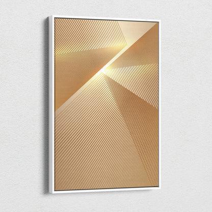 Modern geometric gold abstract canvas wall art with diagonal chevron lines in white frame
