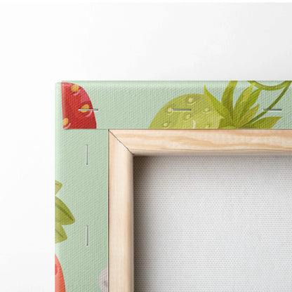 Light green canvas strawberry floral wall art with ripe berries blossoms wood frame