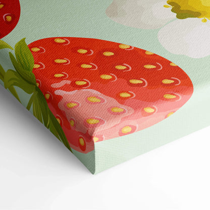 Vibrant red strawberry with seeds, leaves on mint-green canvas wall art
