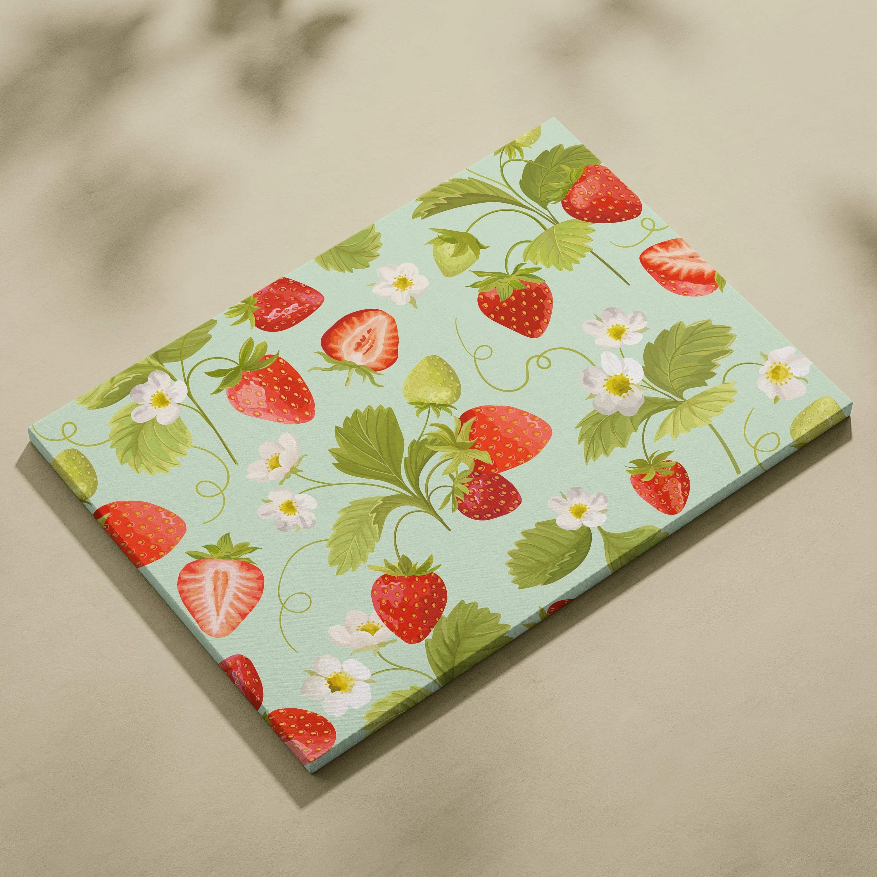 Strawberry floral pattern canvas wall art with ripe berries and blossoms