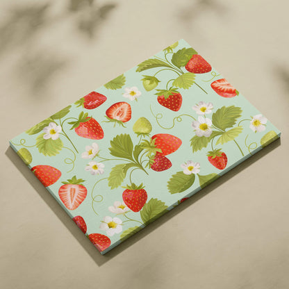 Strawberry floral pattern canvas wall art with ripe berries and blossoms