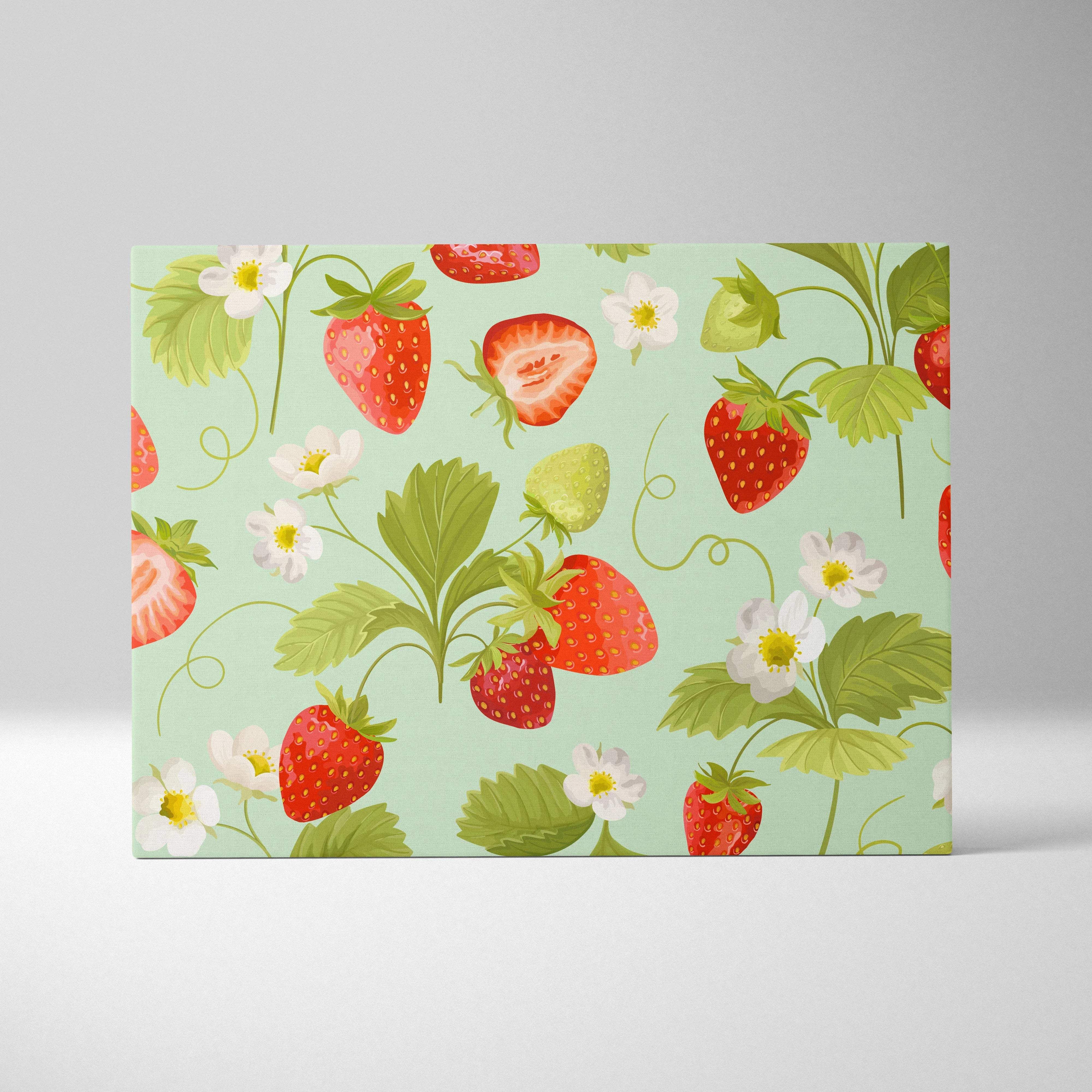Strawberry floral canvas wall art with ripe red berries and white blossoms on mint green background