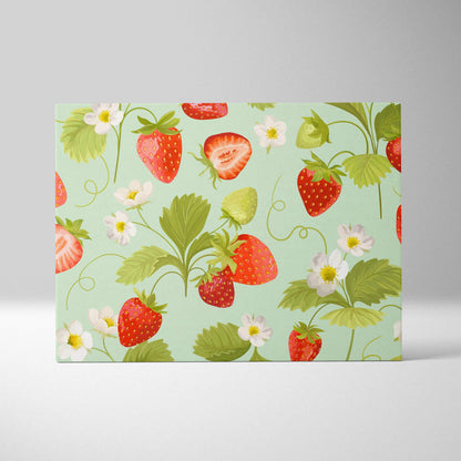Strawberry floral canvas wall art with ripe red berries and white blossoms on mint green background